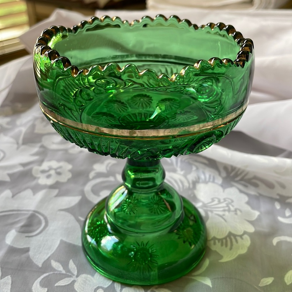 Antique EAPG Riverside Glass Croesus Green & Gold ca 1896 footed compote